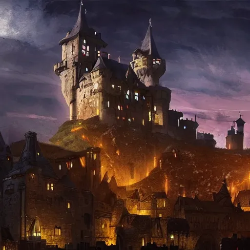 Image similar to a beautiful medieval castle at night, during a siege, in anime style highly detailed by Raphael Lacoste, greg rutkowski, makoto shinkai