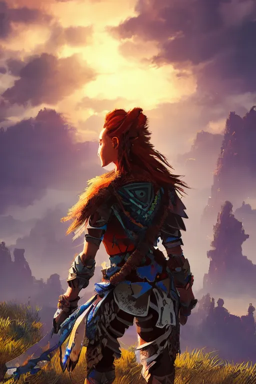 Image similar to combination suit armor aloy horizon forbidden west horizon zero dawn radiating a glowing aura global illumination ray tracing hdr fanart arstation by ian pesty and alena aenami artworks in 4 k tribal robot ninja mask helmet backpack