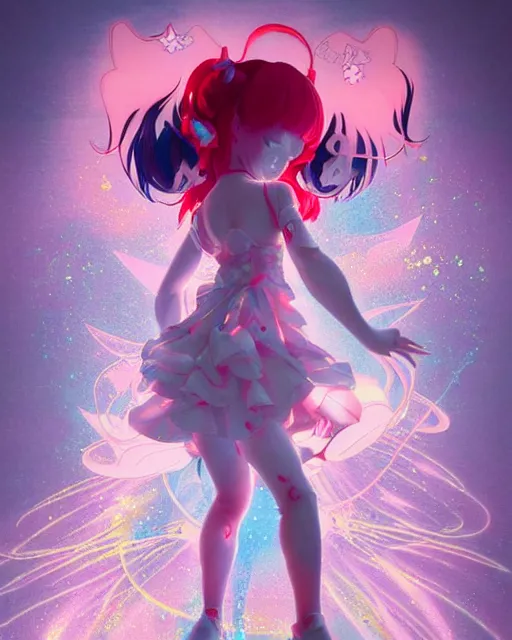 Image similar to james jean isolated vinyl figure harajuku magical girl character design, figure photography, dynamic pose, holographic undertones, motion shapes color design, glitter accents on figure, anime stylized, sharp focus, accurate fictional proportions, high delicate defined details, ethereal lighting