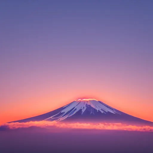 Prompt: mount fuji orange sun's rising from the horizon, 8 k, volumetric lighting, intricate, highly detailed, clear focus, beautiful, award winning, vivid color, real life