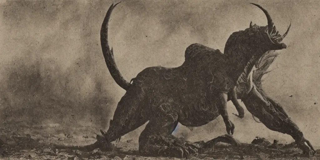 Image similar to mythical monster from a culture in an arid region, 1 9 0 0 s photograph