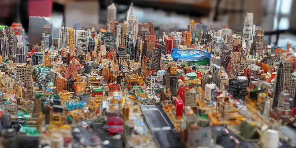 Prompt: a model of manhatten constructed out of fast food, diner food, pastries, coffee cups, plastic cups, straws, cardboard packaging, miniature photography, diorama, wide - angle macro lens, art, sharp focus, award - winning, beautiful high resolution