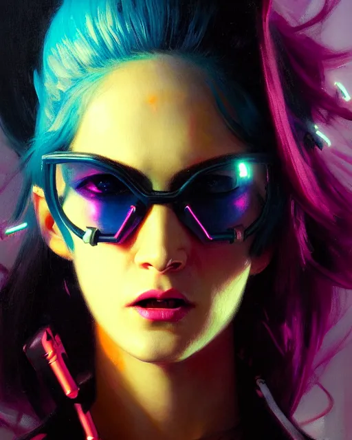 Prompt: painted close - up portrait of a neon intimidating cyberpunk girl. oil painting, wearing neon sunglasses, fantasy art by greg rutkowski and john singer sargent and gaston bussiere, demon noble character design