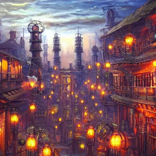 Prompt: highly detailed award winning oil painting of a steampunk city at dusk