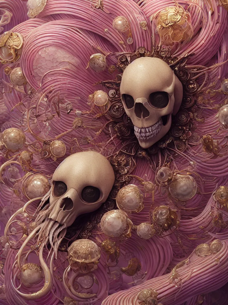Image similar to close-up portrait ram skull abstract 3d composition. jellyfish phoenix head, nautilus, orchid, moebius, mucha, New art nouveau, skull, gold betta fish, bioluminiscent creatures, intricate artwork by Tooth Wu and wlop and beeple. octane render, trending on artstation, greg rutkowski very coherent symmetrical artwork. cinematic, hyper realism, high detail, octane render, 8k