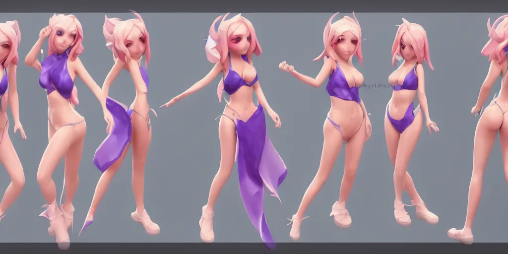 Image similar to Character sheet of gorgeous pool party lux (League of Legends). 3d octane render trending on artstation