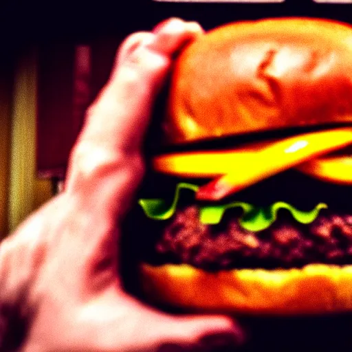 Image similar to hamburger eating people, parody horror movie high quality screenshot upload, professional photography, canon lens