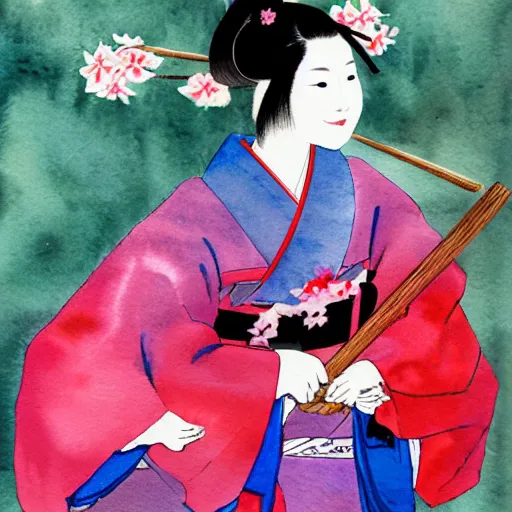 Prompt: watercolor painting of a beautiful japanese girl wearing a kimono and smiling, holding a samurai sword,
