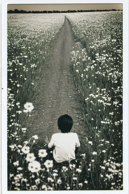 Prompt: photo polaroid of sad and lonely child in the middle of a country road with many flowers in the fields, loneliness, black and white ,photorealistic, 35mm film,