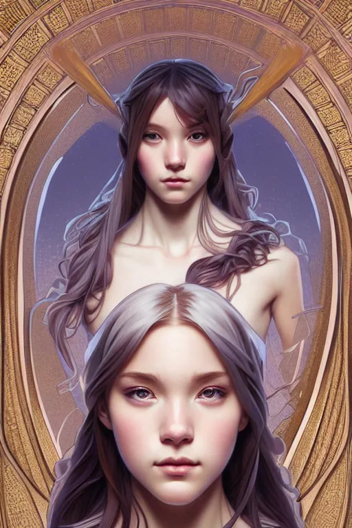Prompt: symmetry!!!! intensely intricate fanart of full frontal pose of a young teen ice princess, protagonist, intricate, elegant, highly detailed, my rendition, digital painting, artstation, concept art, smooth, sharp focus, illustration, art by artgerm and greg rutkowski and alphonse mucha