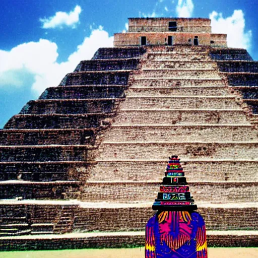 Prompt: vaporwave aztec god on a mesoamerican pyramid