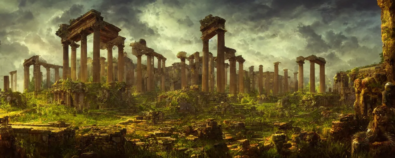 Image similar to ” landscape with overgrown ruins of a roman temple, [ by paul lehr, cinematic, detailed, epic, widescreen, opening, establishing, mattepainting, photorealistic, realistic textures, octane render ] ”