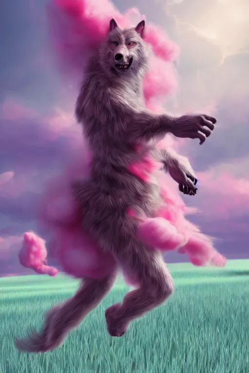 Prompt: werewolf made of cotton candy fleeing across a field of pink cotton and vegatation with storm clouds , digital art, fantasy, trending on artstation, professional illustration, cgsociety, ultra detailed, volumetric lighting, celshaded, colorful, expansive cotton field