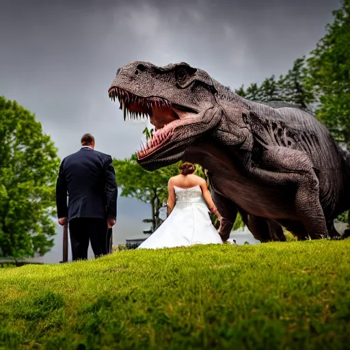 Prompt: tyrannosaurus rex attacks during ceremony, wedding photos, detailed, 4k