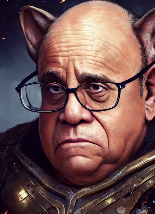 Image similar to Portrait of Danny Devito biopunk scientist with elven ears, He is working on trinkets on a table, realistic, detailed, 4k by Greg Rutkowski Mark Arian trending on artstation