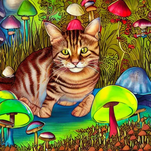 Prompt: tabby cat in an alien planet full of mushrooms, fantasy, vivid colors