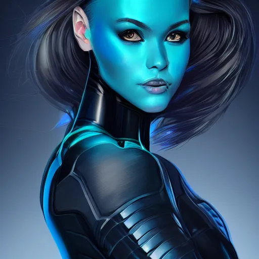 Image similar to a stunning upper body portrait of a beautiful young woman wearing futuristic deep black battle bodyarmor with ombre navy blue teal hairstyle blowing in the wind by marvel comics, digital art, trending on artstation