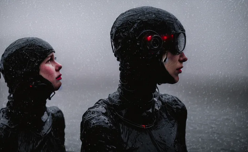 Image similar to cinestill 5 0 d candid photographic portrait by helen levitt of two loving female androids wearing rugged black mesh techwear in treacherous waters, extreme closeup, modern cyberpunk moody depressing cinematic, pouring rain, 8 k, hd, high resolution, 3 5 mm, f / 3 2, ultra realistic faces, ex machina