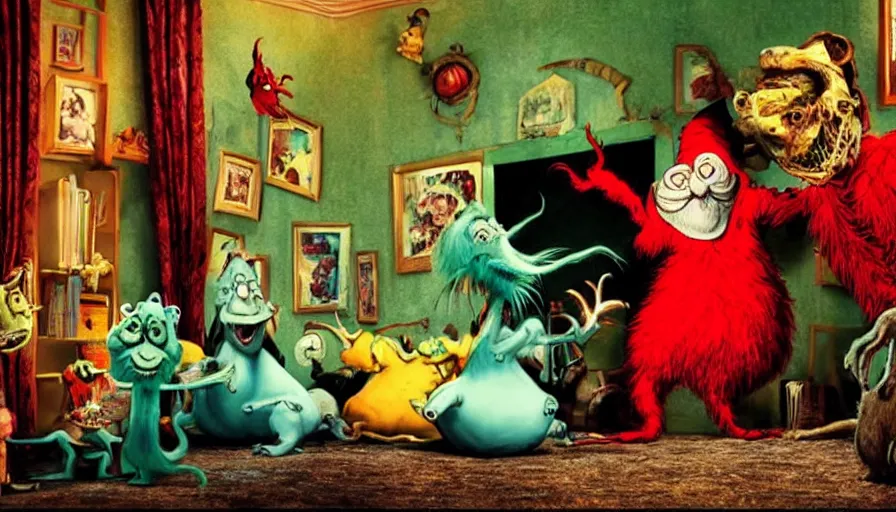 Prompt: full - color cinematic movie still from a live - action “ dr. seuss ” horror film directed by “ guillermo del toro ”. the scene features bizarre whimsical imaginary animals from the story “ if i ran the zoo ”. highly - detailed ; photorealistic ; frightening.