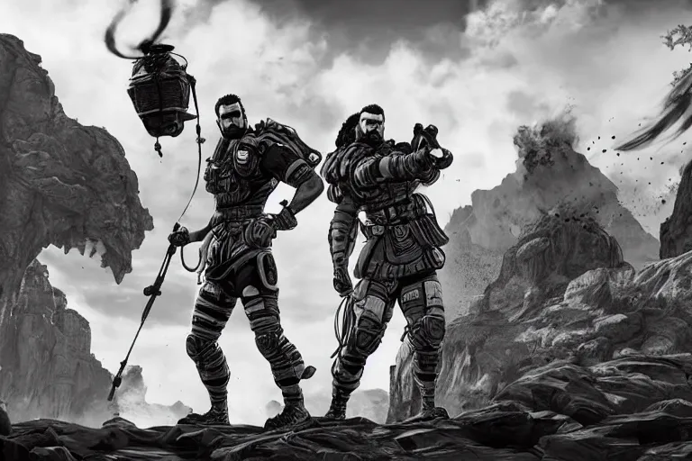 Image similar to gigachad in apex legends, ingame screenshot, black and white, high detail