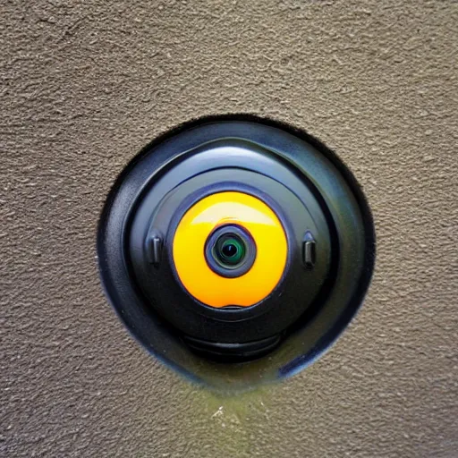 Image similar to fisheye view of dinosaur stealing packages, ring doorbell view