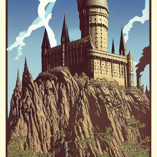 Prompt: poster artwork by Michael Whelan and Tomer Hanuka, of Hogwarts Castle, clean