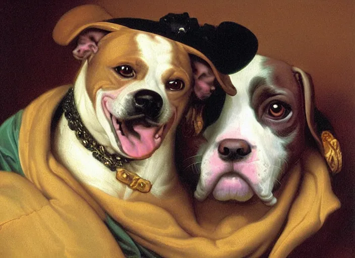 Prompt: baroque rococo painting The Fancy Royal Pit Bull portrait Greg Hildebrandt high detail cute puppy