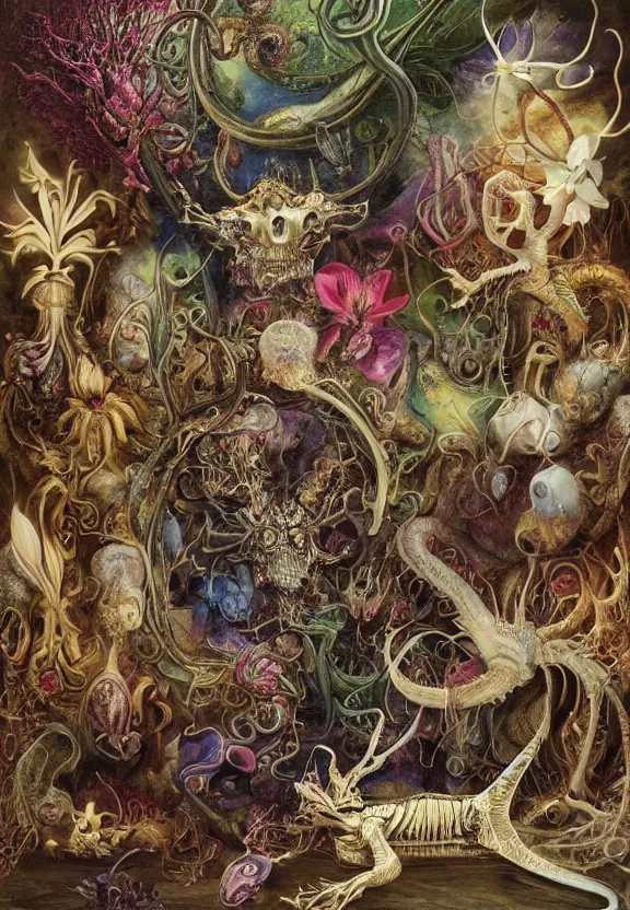 Image similar to simplicity, elegant, colorful muscular eldritch animals and mollusks and bones radiating from fractal, orchids, lilies, flowers, dragonflies, mandalas, by h. r. giger and esao andrews and maria sibylla merian eugene delacroix, gustave dore, thomas moran, pop art, cyberpunk, art nouveau