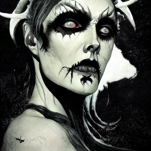 Image similar to close up portrait of a scandinavian undead witch female with ram horns, satanic kvlt by peder balke by peder balke by greg rutkowski, by guido crepax by norman bluhm mystic high contrast monochromatic noir angst pagan magic symbols