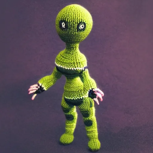 Prompt: stills from the knitted version of the video game alien isolation, cute styling, yarn, photorealistic