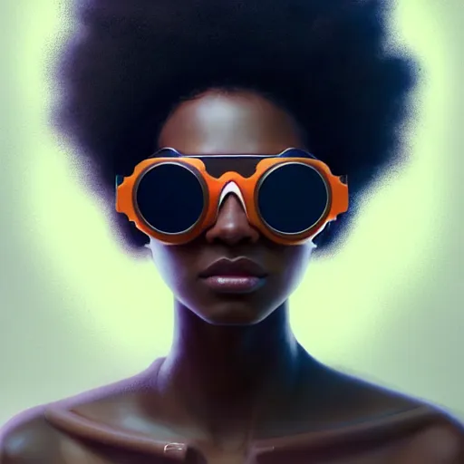 Prompt: beautiful woman wearing opaque reflective goggles profile picture by greg rutkowski, brown skin, long afro hair, asymmetrical, futuristic, cool colors, streetwear, studio ghibli, organic painting, matte painting, geometric shapes, hard edges, street art, trending on the artstation, fantasy lut, realistic by sachin teng,