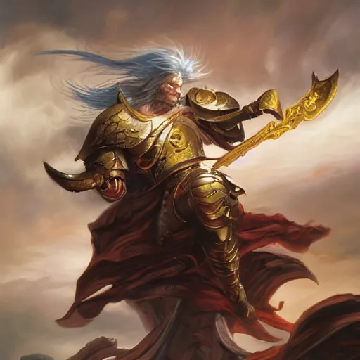 Prompt: fantasy painting of Elric wielding Stormbringer, painted by Bayard Wu, ultra detailed, 8k