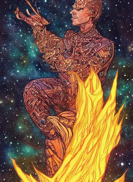 Prompt: high intricate colored ink drawing of the sandman holding a glimmering fire - galaxy, full shot, neil gaiman, maria panfilova, andrea savchenko, mike kime, ludovic plouffe, qi sheng luo, oliver cook, julian calle, eddie mendoza, trending on artstation