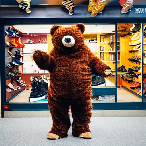 Prompt: a photograph of a man poorly cosplaying as a bear while holding a guitar, he is in a shoe store, he is standing in between long store isles, vivid color, 50mm