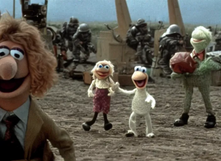 Image similar to landing scene from muppet!! save private ryan