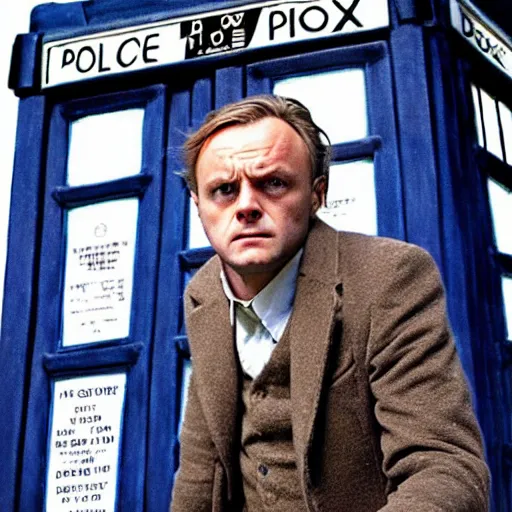 Prompt: high quality, extremely detailed photograph of young anthony hopkins as doctor who in front of tardis, directed by christopher nolan, 2 0 0 9