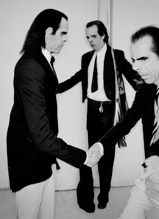 Image similar to Nick cave shaking hands with the devil