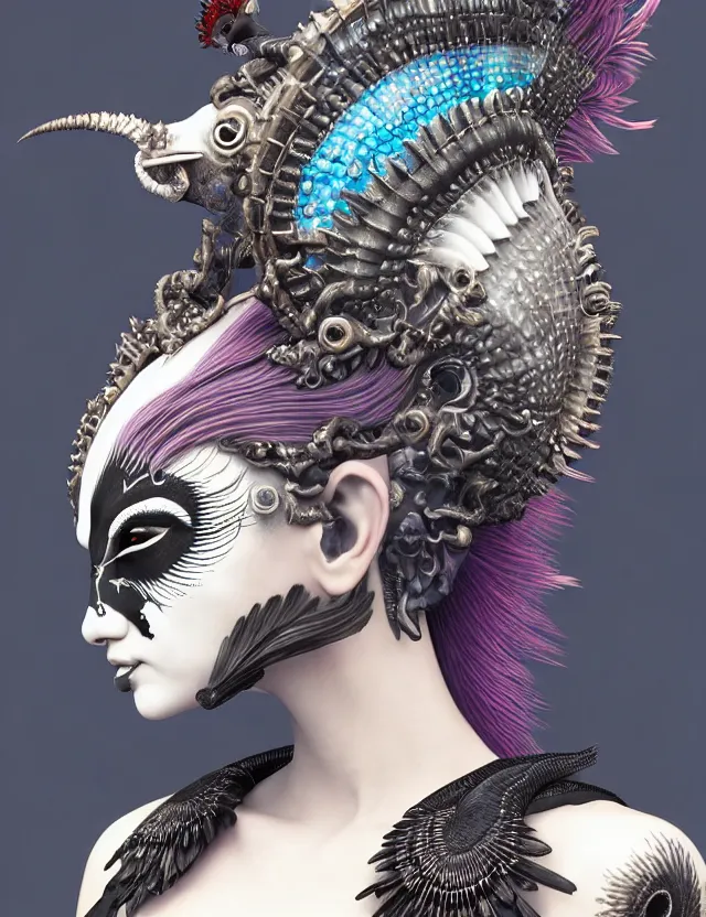 Image similar to 3 d goddess close - up profile portrait punk with mohawk with ram skull. beautiful intricately detailed japanese crow kitsune mask and clasical japanese kimono. betta fish, jellyfish phoenix, bio luminescent, plasma, ice, water, wind, creature, artwork by tooth wu and wlop and beeple and greg rutkowski