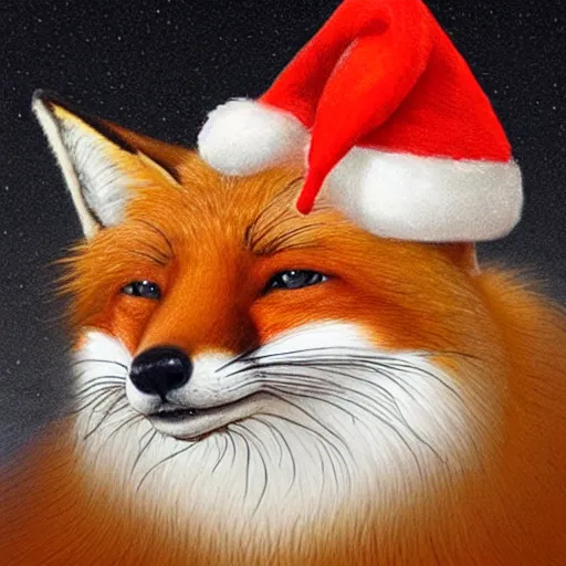 Image similar to perfectly-centered-Portrait-full-shot of a fox, wearing a santa hat, sitting next to a pile of cheese, intricate, elegant, super highly detailed, professional digital painting, artstation, concept art, smooth, sharp focus, no blur, no dof, extreme illustration, Unreal Engine 5, 8K, art by artgerm and greg rutkowski and alphonse mucha and loish and WLO