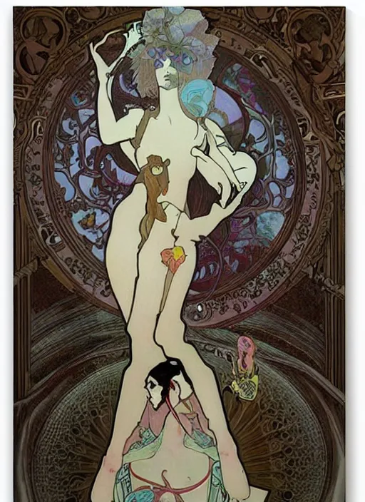 Prompt: Goth fractal girl, surreal Dada collage by Alphonse Mucha