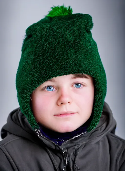 Image similar to portrait photo still of real life young stan marsh wearing a green trapper hat, 8 k, 8 5 mm, f. 1 4