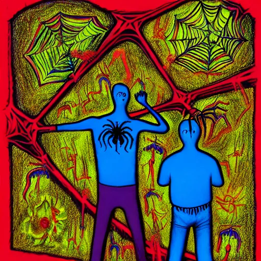 Prompt: a drawing of two people standing in front of a spider web, a surrealist painting by david wojnarowicz, behance contest winner, psychedelic art, chalk art, dystopian art, academic art