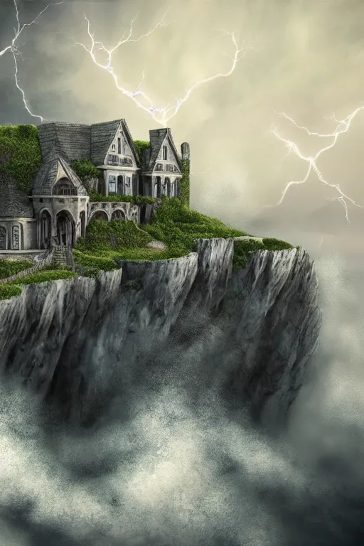 Prompt: Ultra Realistic Hyper detailed Fantasy view of a Haunted Mansion overlooking the cliffs edge where ocean waves are crashing during a lightning storm.