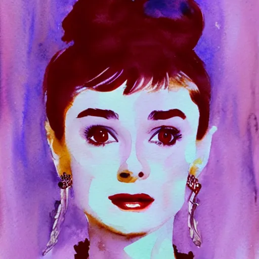 Prompt: audrey hepburn manic pixie dream girl, intricate vaporwave watercolor portrait by john singer sargent
