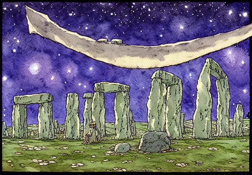 Prompt: a simple watercolor studio ghibli movie still fantasy concept art of stonehenge. a giant squid from princess mononoke ( 1 9 9 7 ) holding large stones. it is a misty starry night. by rebecca guay, michael kaluta, charles vess