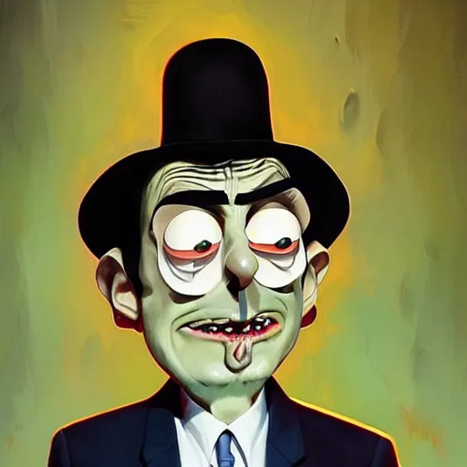 Image similar to mr. bean mad scientist psychopath, caricature, portrait by gaston bussierre and charles vess and james jean and erik jones and rhads, inspired by rick and morty, epic, funny, huge scale, beautiful fine face features, intricate high details, sharp, ultradetailed