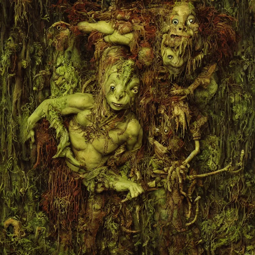 Prompt: a close - up renaissance fantasy portrait of a scarecrow creature covered in moss, mushrooms, and swamp, highly detailed science fiction horror painting by norman rockwell, frank frazetta, and moebius. gloomy dark environment, blurry organic dark background. sci - fi renaissance masterpiece