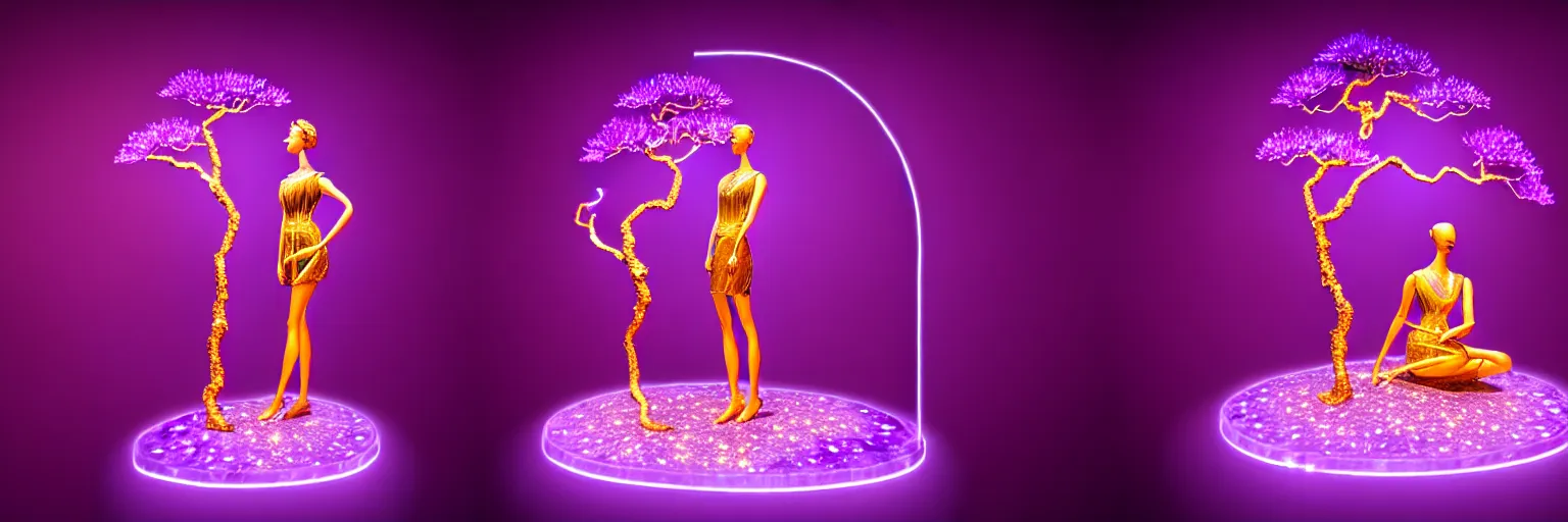 Image similar to beautiful mannequin sculpted out of amethyst by billelis + lit with geometric neon dripping gold + kintsugi, facing a doorway opening with neon pink geometric fractal light + flowering bonsai trees + lighting in background!!, transcendent, clean linework, dramatic, finely detailed, award winning, 4 k, trending on artstation, photorealistic, volumetric lighting, octane render