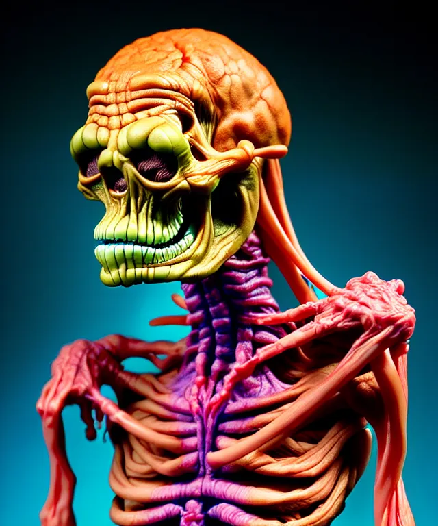 Image similar to hyperrealistic rendering, cronenberg flesh monster skeletor by art of skinner and richard corben and jeff easley, product photography, action figure, sofubi, studio lighting, colored gels