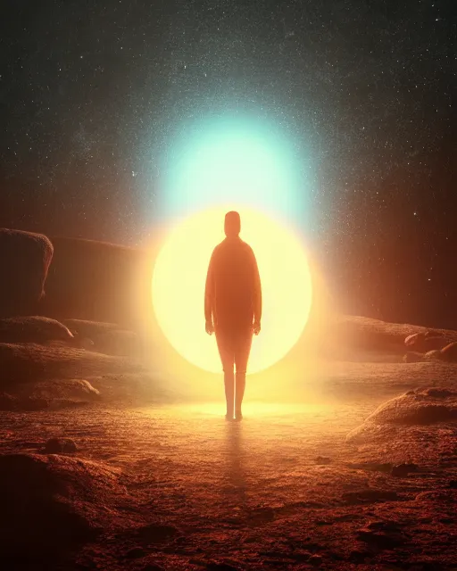 Image similar to a person standing in front of a glowy open door that's on a barren moon, poster art by mike winkelmann, trending on cg society, space art, sci - fi, ue 5, futuristic, volumetric lighting, light casting onto the ground, neat composition and camera angle